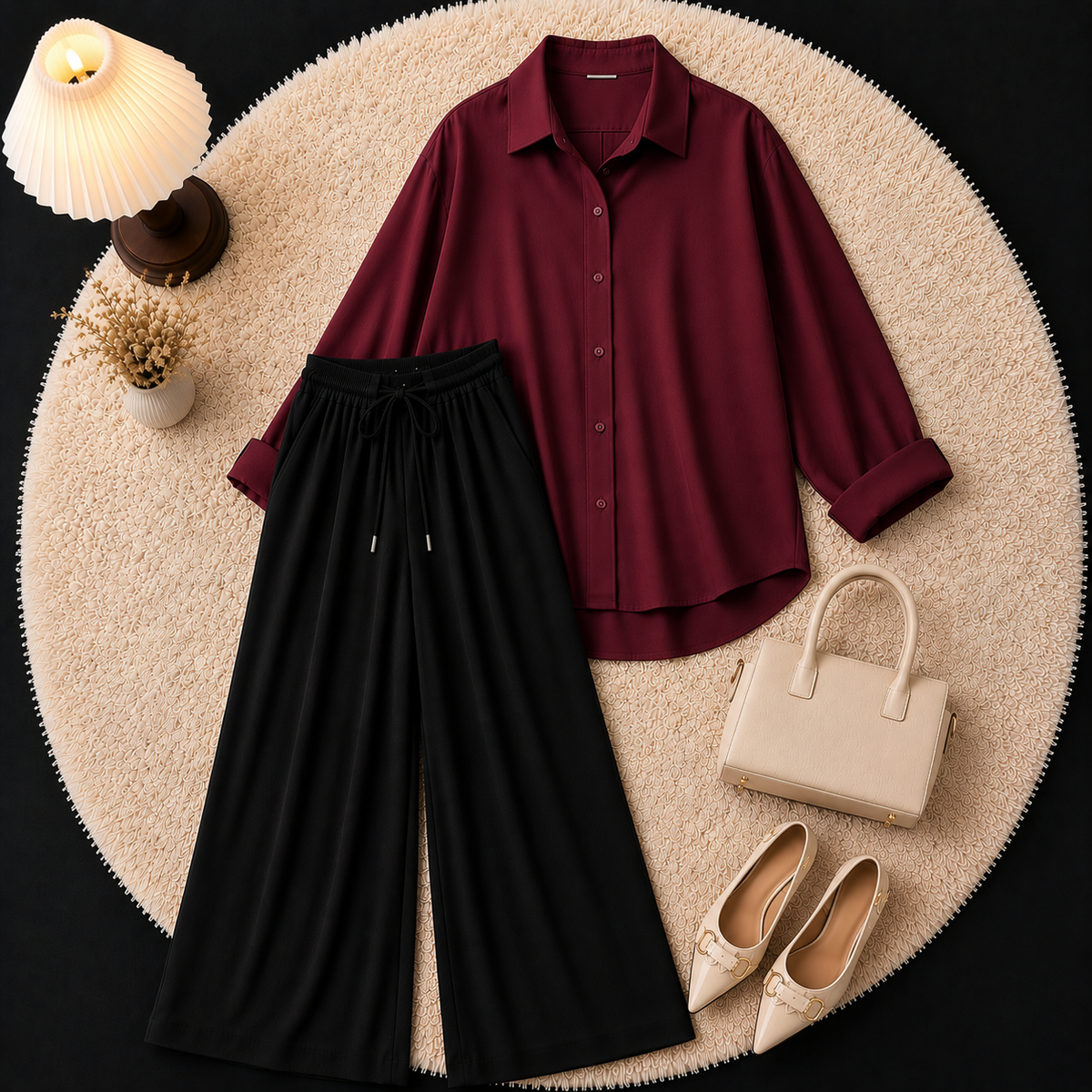 Maroon Button Down Shirt With Black Flapper Trouser