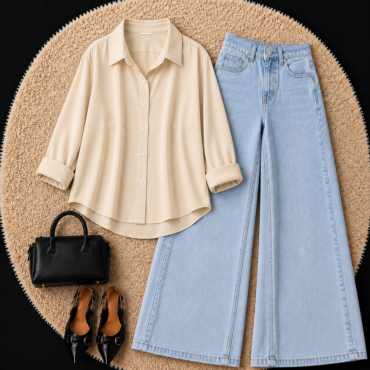 BEIGE BUTTON DOWN SHIRT WITH SKY BLUE WIDE LEG JEANS