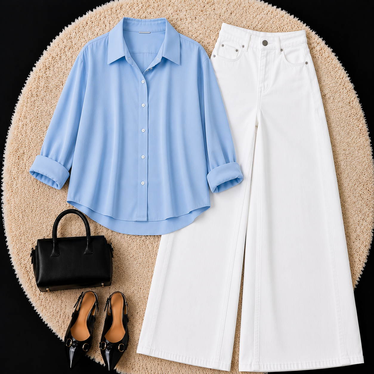 SKY BLUE BUTTON DOWN SHIRT WITH WHITE WIDE LEG JEANS
