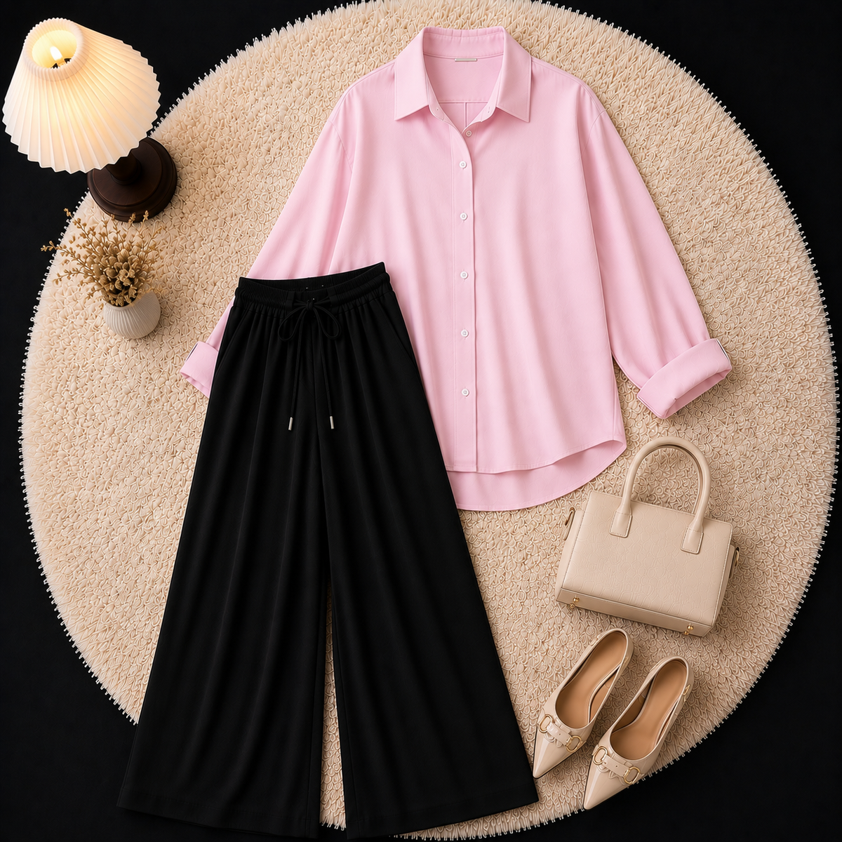 Baby Pink Button Down Shirt With Black Flapper Trouser