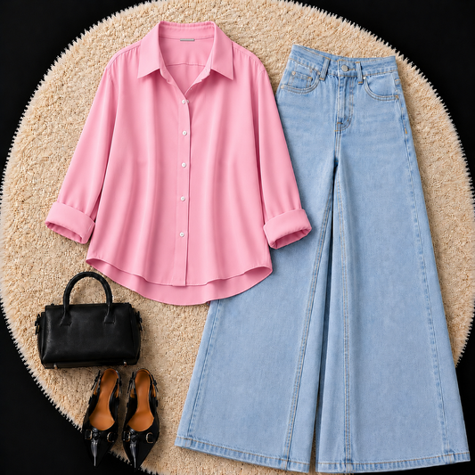 BABY PINK BUTTON DOWN SHIRT WITH SKY BLUE WIDE LEG JEANS