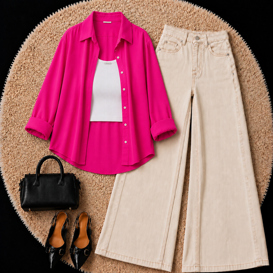 Hot Pink Button Down Shirt With White Inner & Beige Wide Leg Jeans