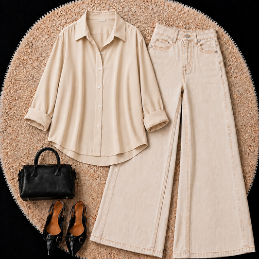 BEIGE BUTTON DOWN SHIRT WITH BEIGE WIDE LEG JEANS