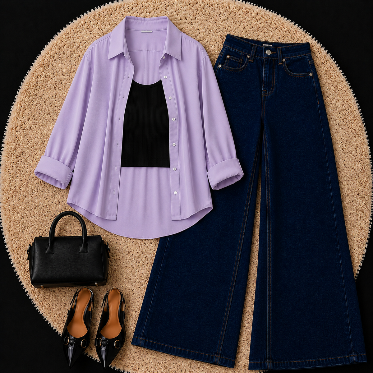 Lilac Button Down Shirt With Black Inner & Dark Blue Wide Leg Jeans