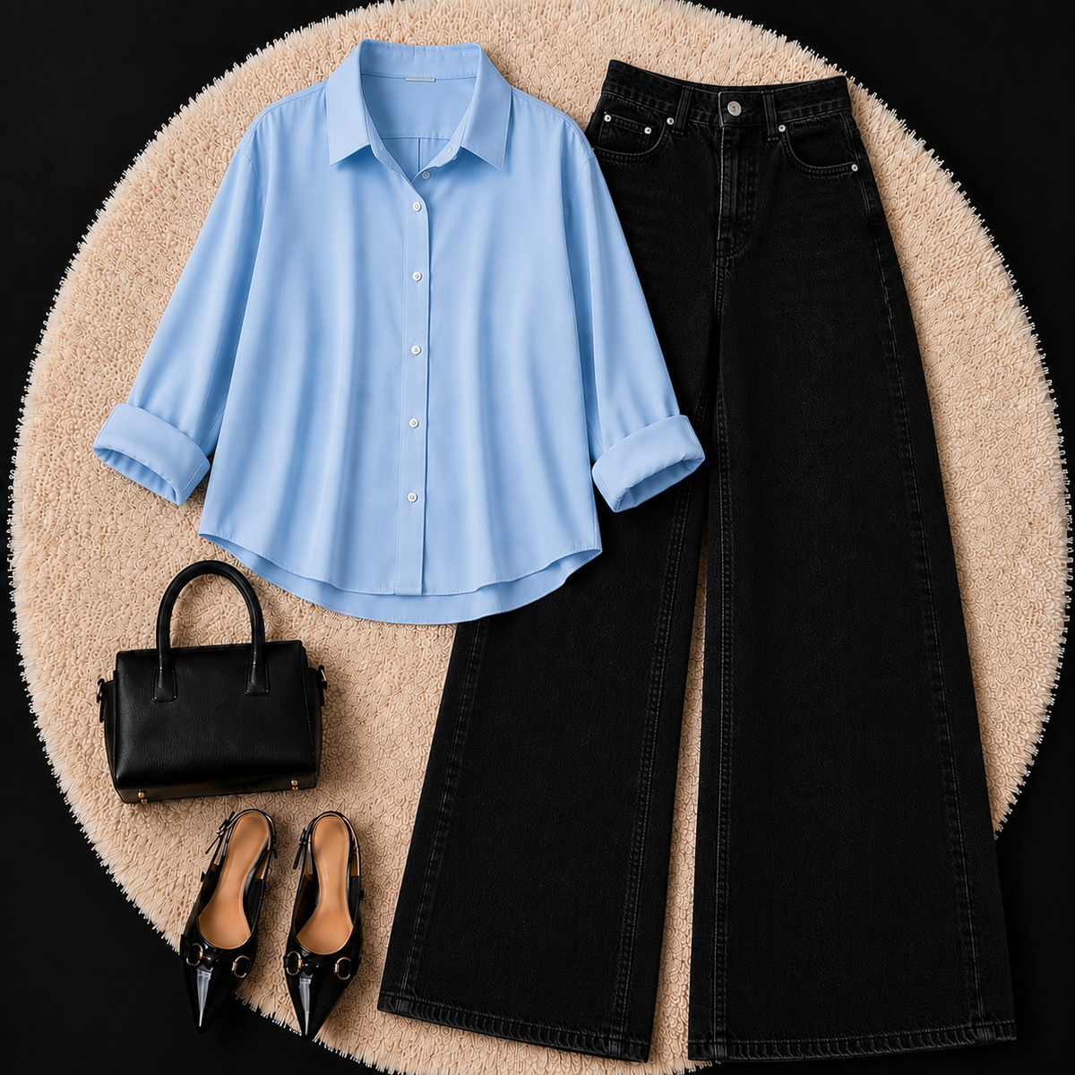 SKY BLUE BUTTON DOWN SHIRT WITH BLACK WIDE LEG JEANS