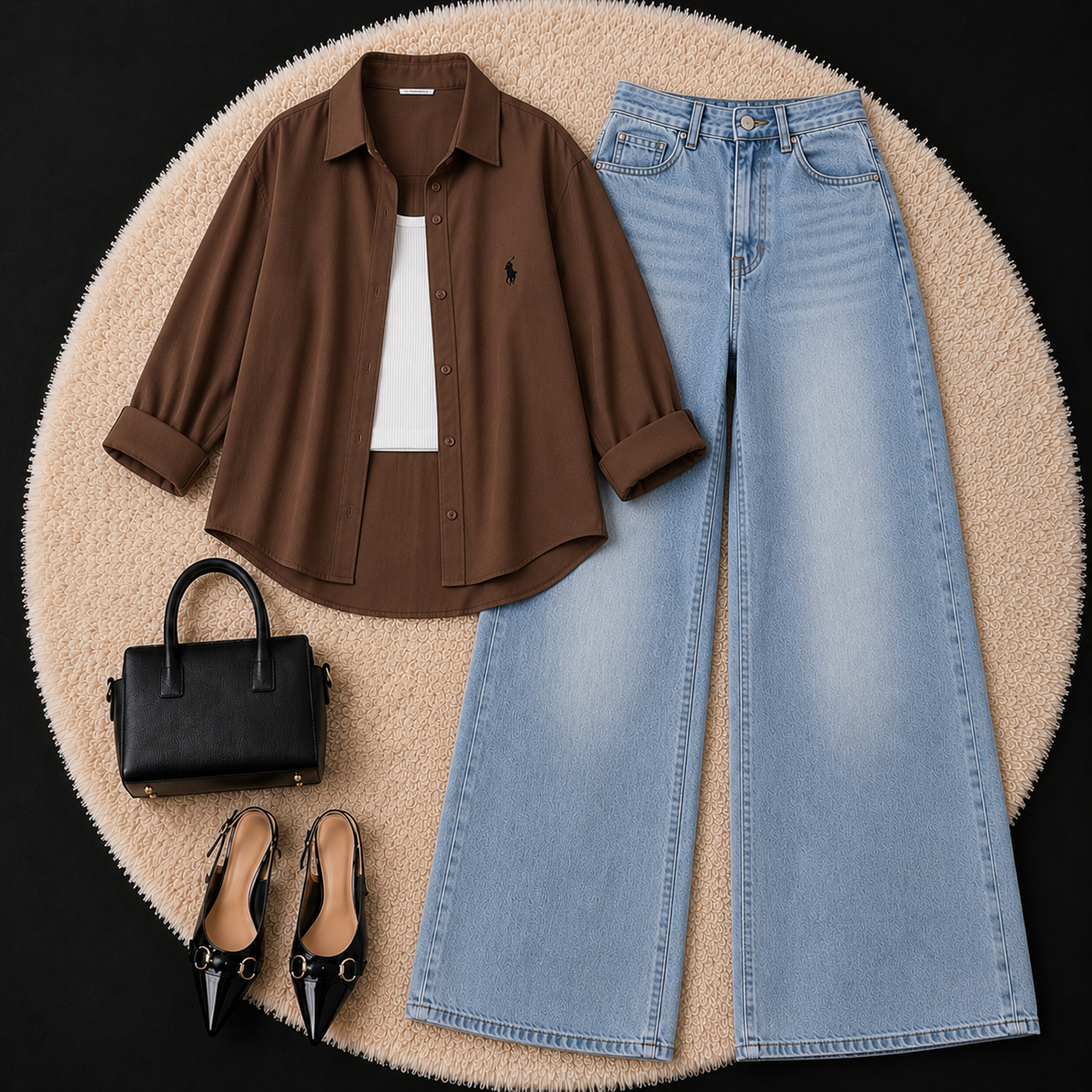 Chocolate Brown Button Down Shirt With White Inner & Sky Blue Wide Leg Jeans