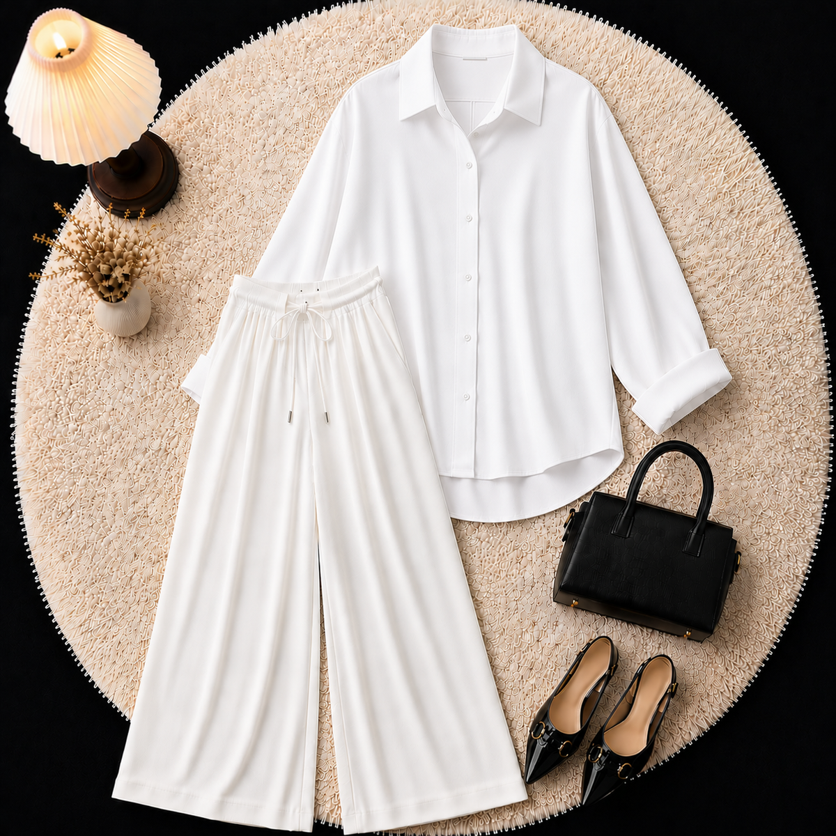 White Button Down Shirt With White Flapper Trouser