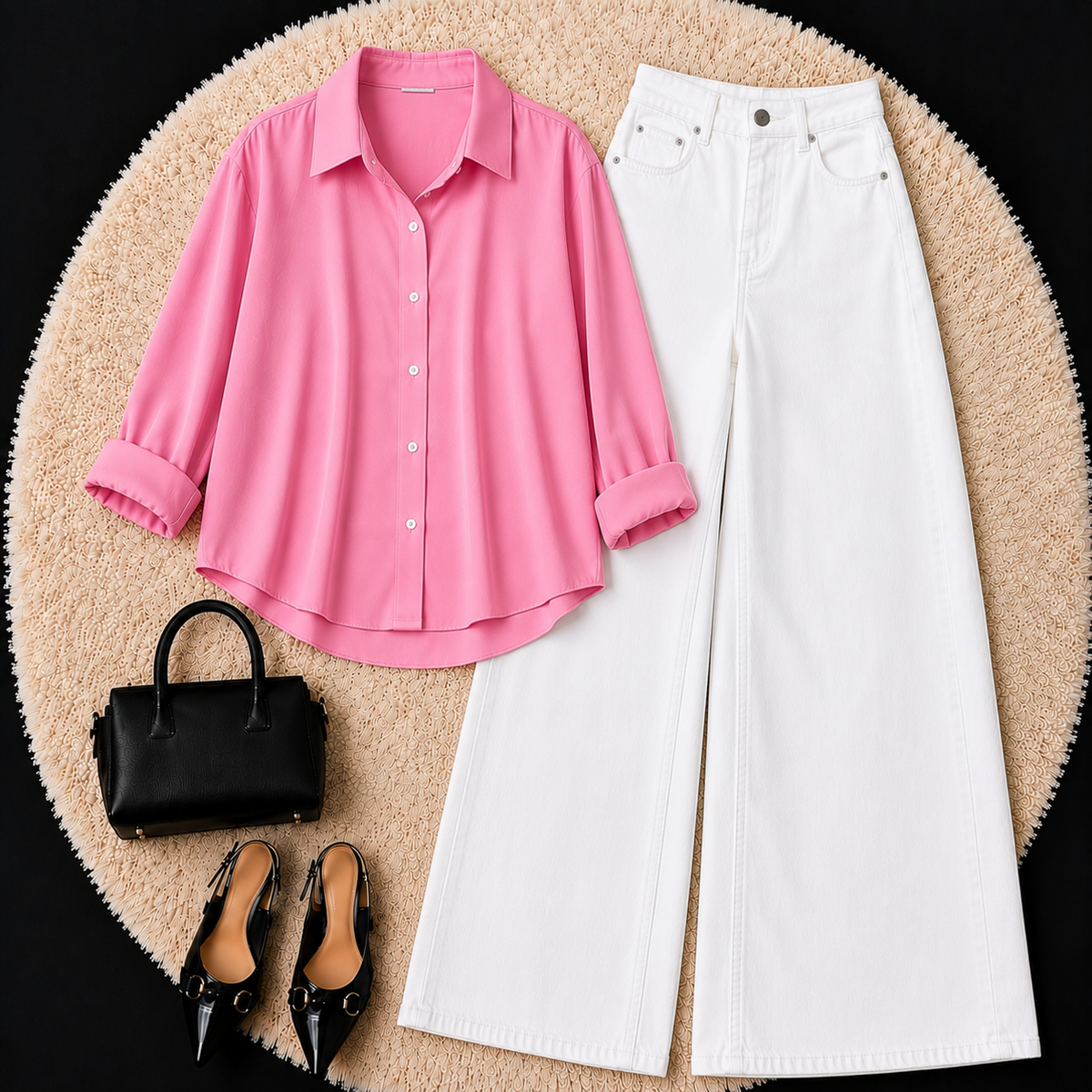 BABY PINK BUTTON DOWN SHIRT WITH WHITE WIDE LEG JEANS