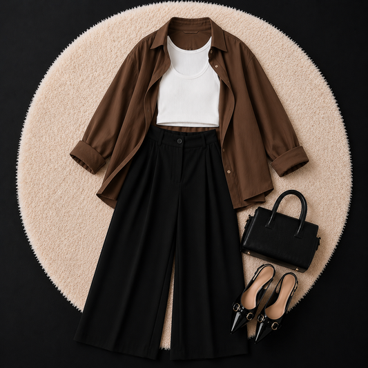 Brown Button Down Shirt With White Inner & Black Formal pant