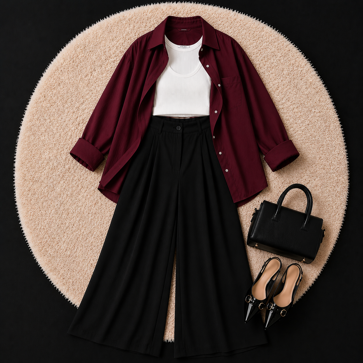 Burgundy Button Down Shirt With White Inner & Black Formal pant