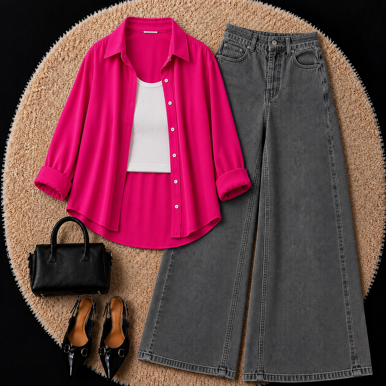 Hot Pink Button Down Shirt With White Inner & Grey Wide Leg Jeans