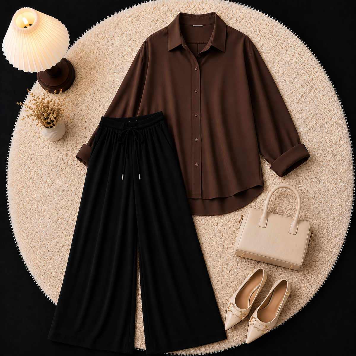 Brown Button Down Shirt With Black Flapper Trouser