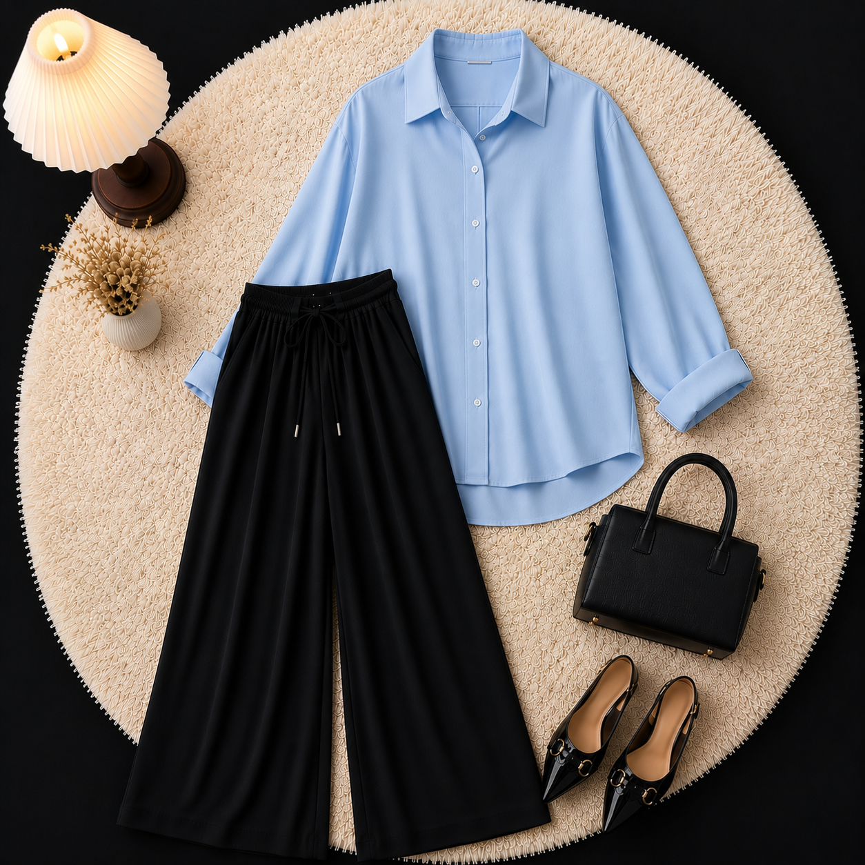 Sky Blue Button Down Shirt With Black Flapper Trouser