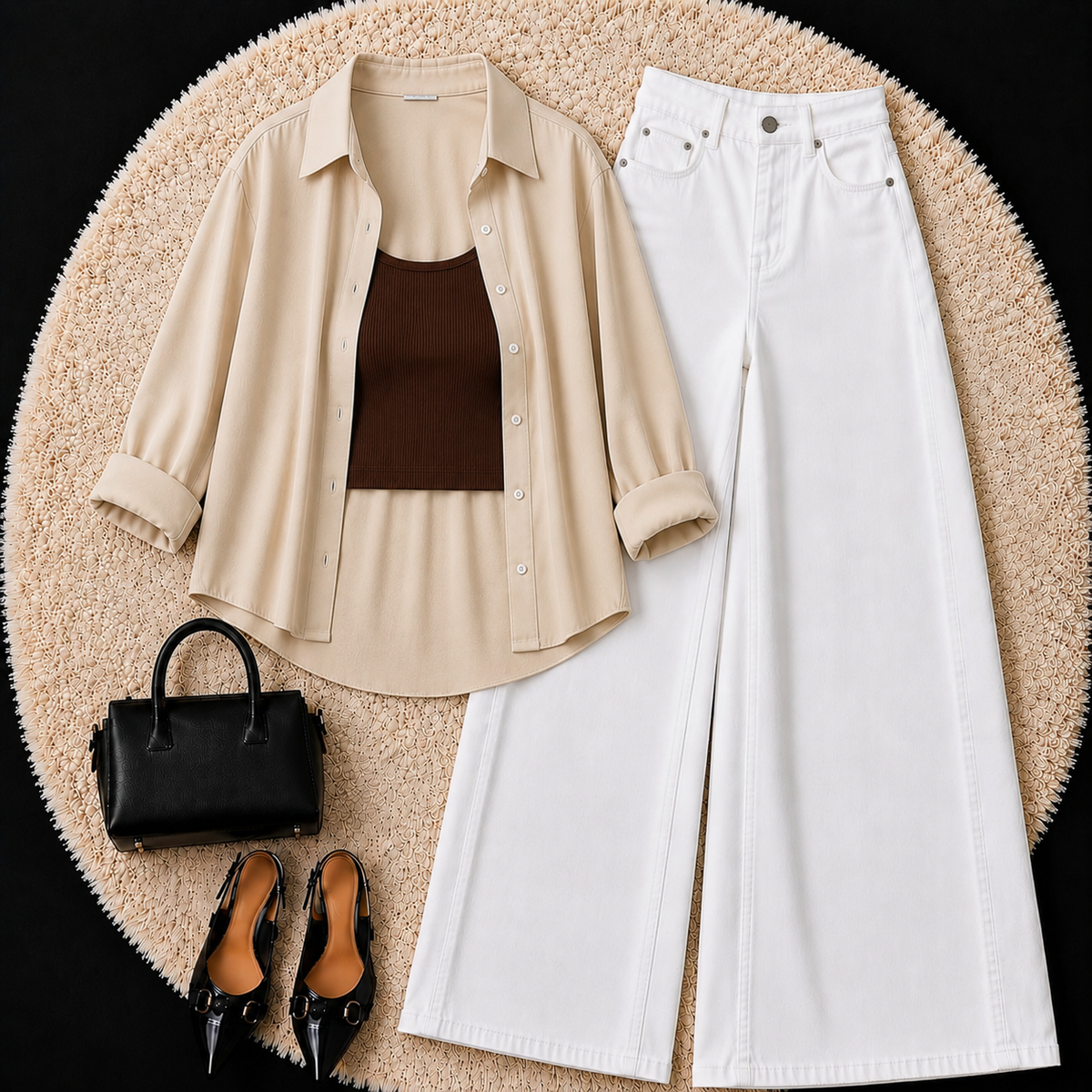 Beige Button Down Shirt With Brown Inner & White Wide Leg Jeans