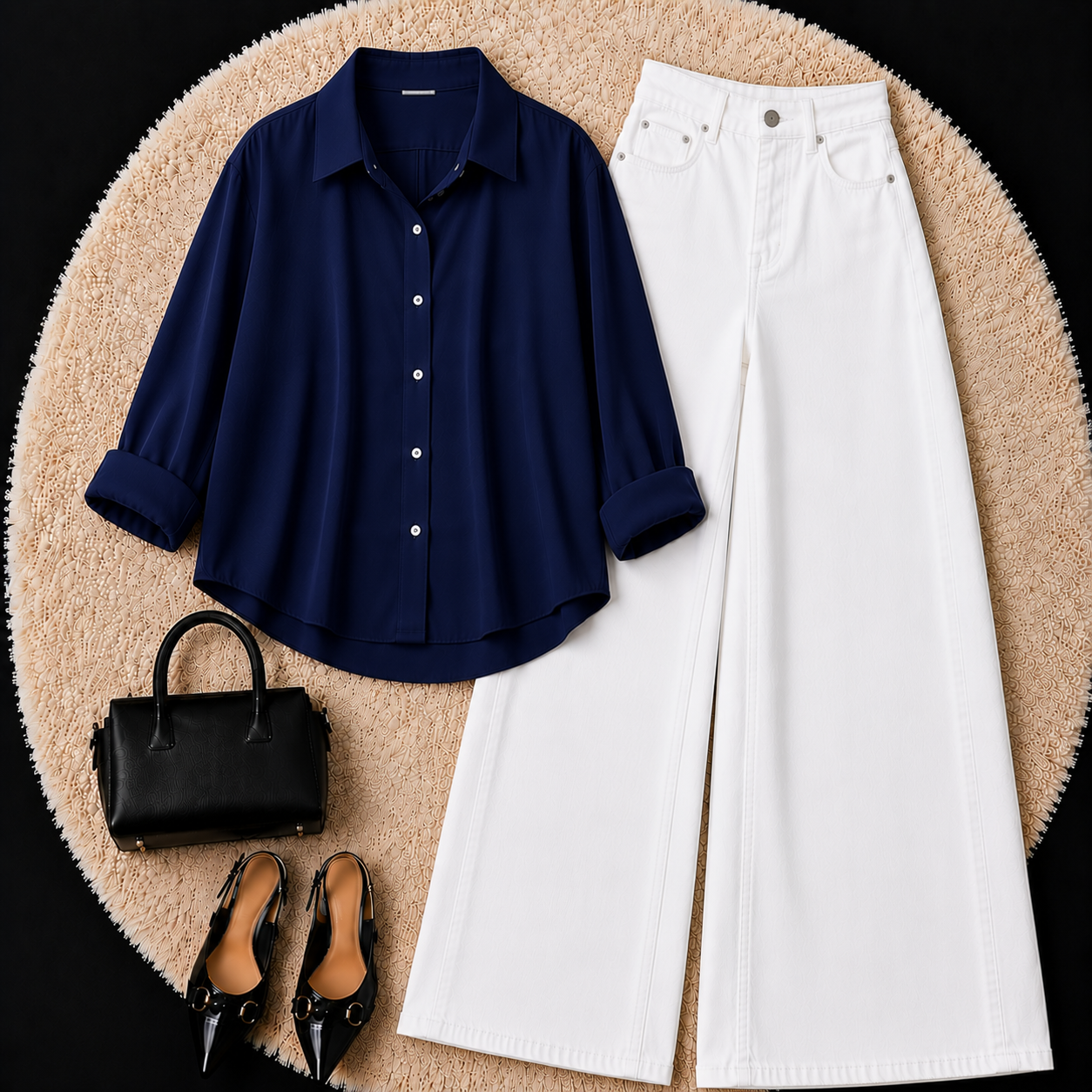 NAVY BLUE BUTTON DOWN SHIRT WITH WHITE WIDE LEG JEANS