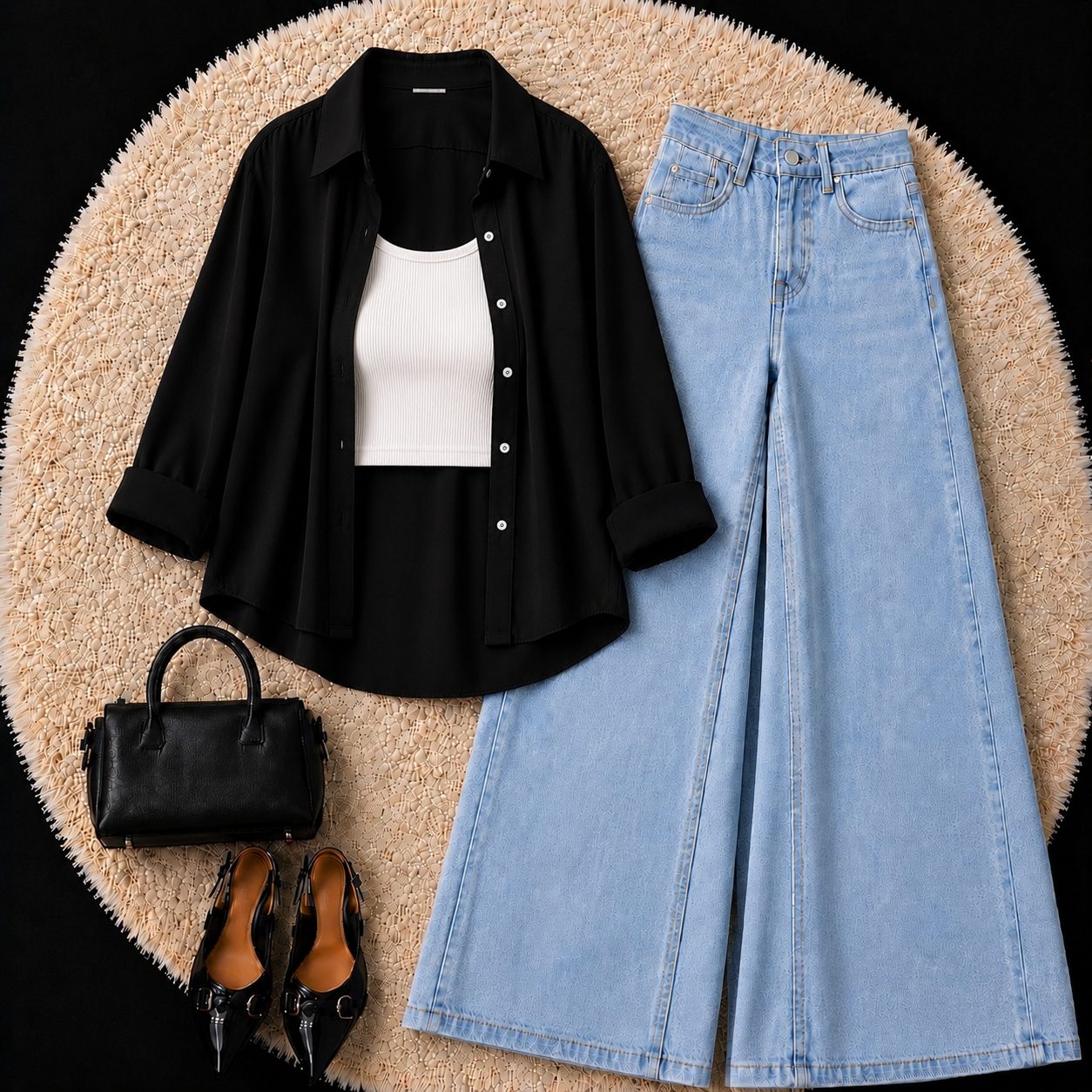 Black Button Down Shirt With White Inner & Sky Blue Leg Jeans