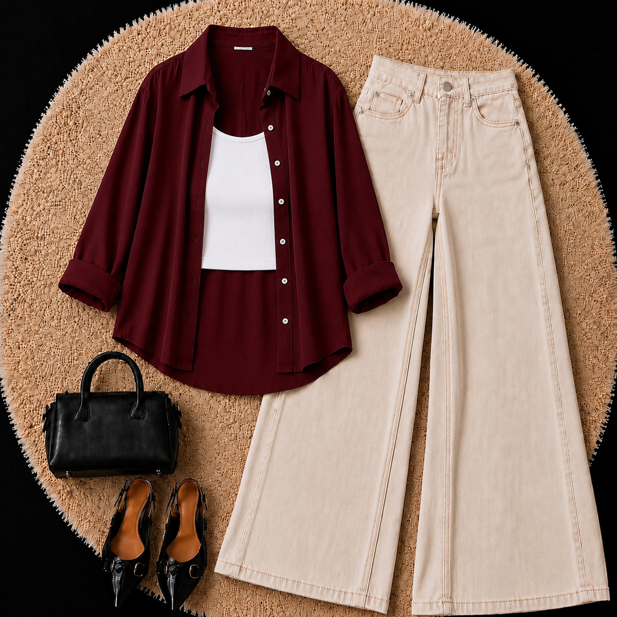 Burgundy Button Down Shirt With White Inner & Beige Wide Leg Jeans