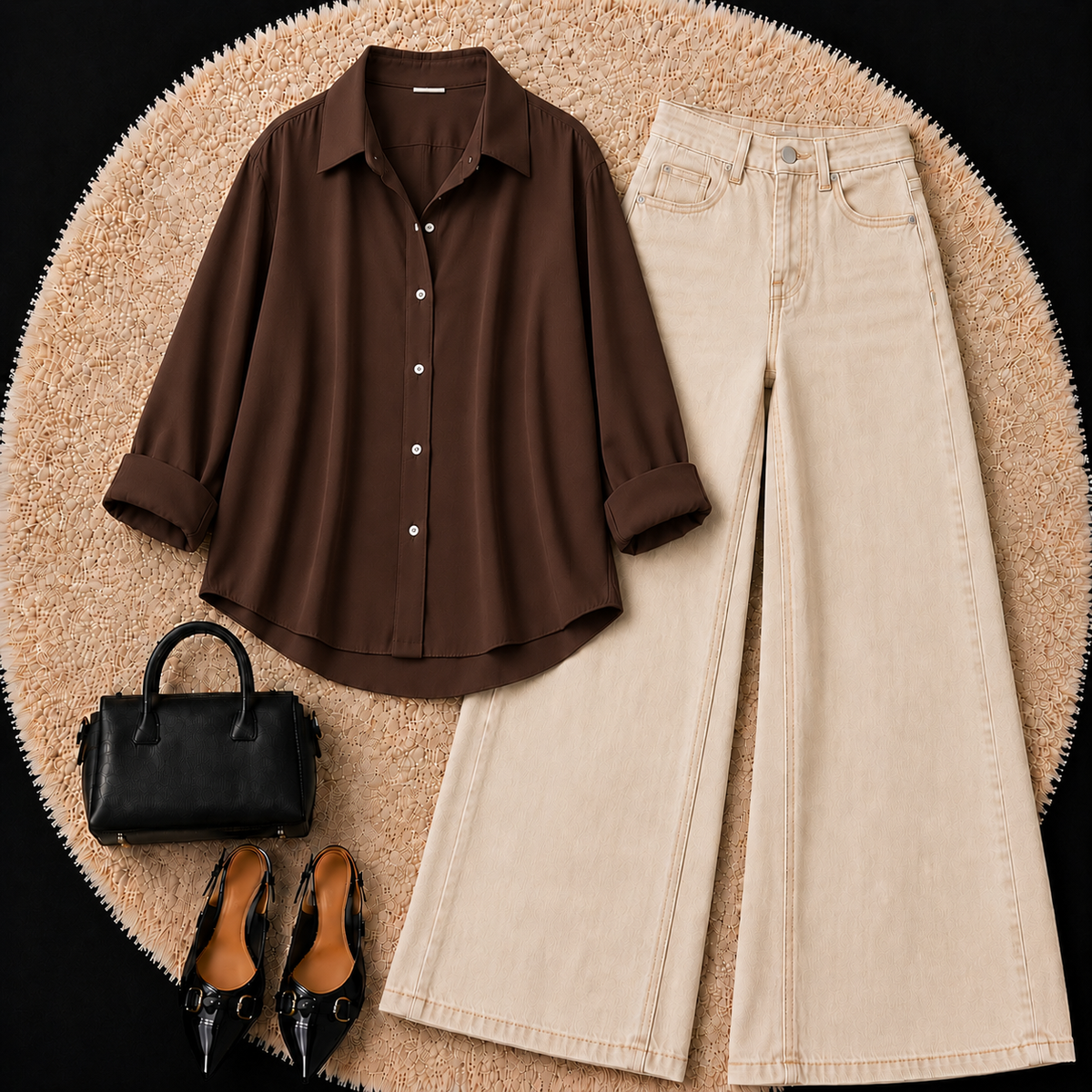 DARK BROWN BUTTON DOWN SHIRT WITH BEIGE WIDE LEG JEANS