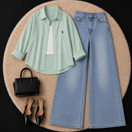 Sage Green Button Down Shirt With White Inner & Sky Blue Wide Leg Jeans