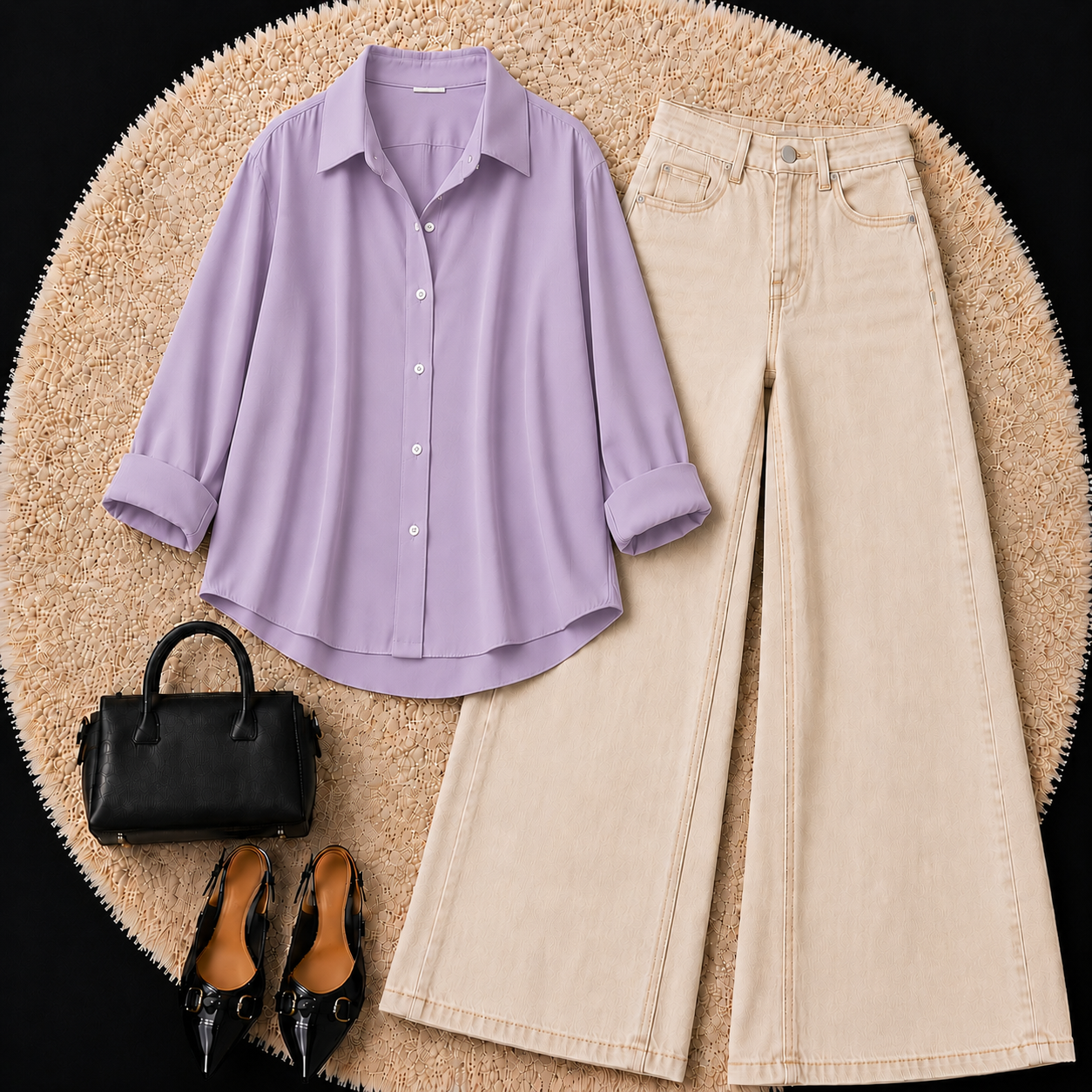 LILAC BUTTON DOWN SHIRT WITH BEIGE WIDE LEG JEANS