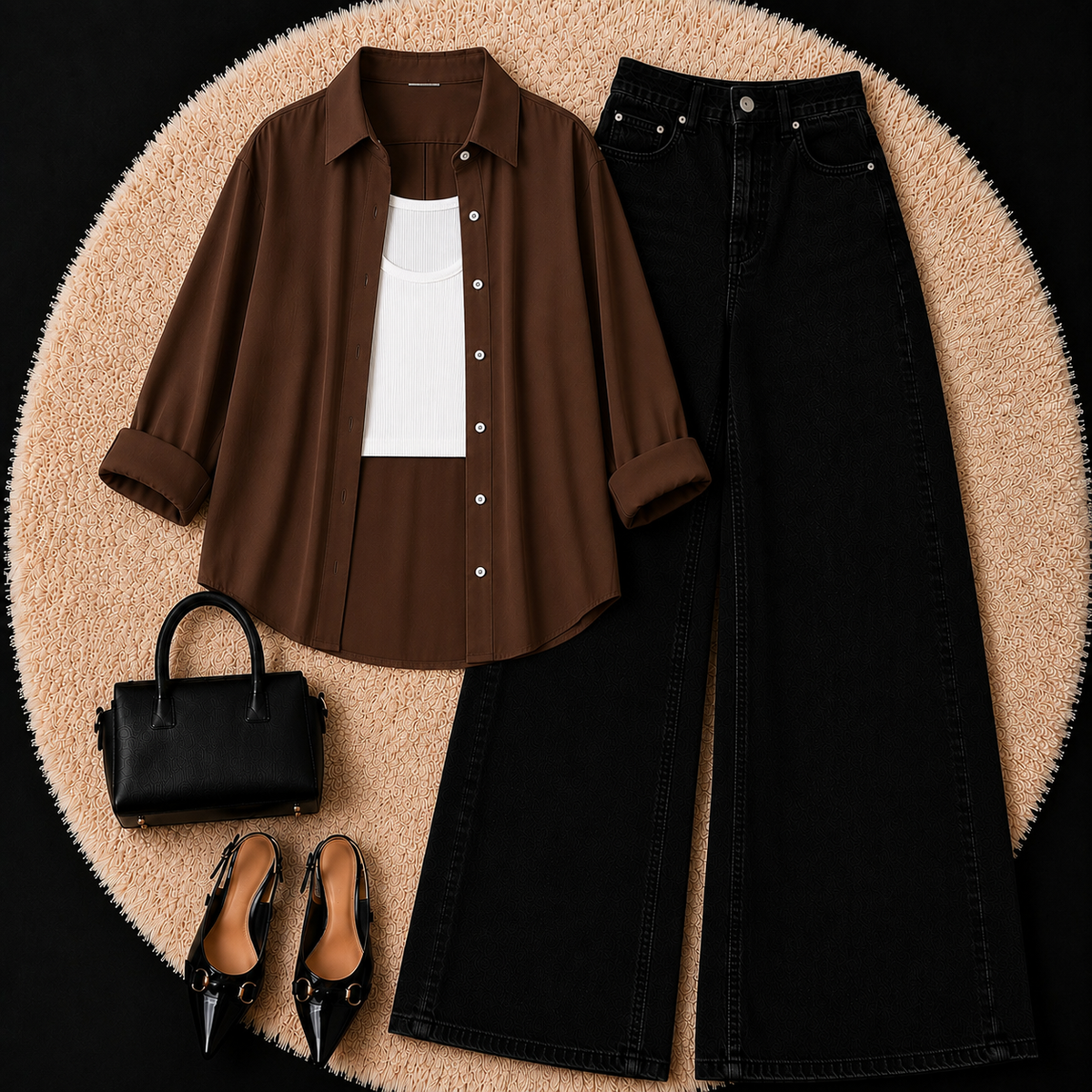 Brown Button Down Shirt With White Inner & Black Leg Jeans