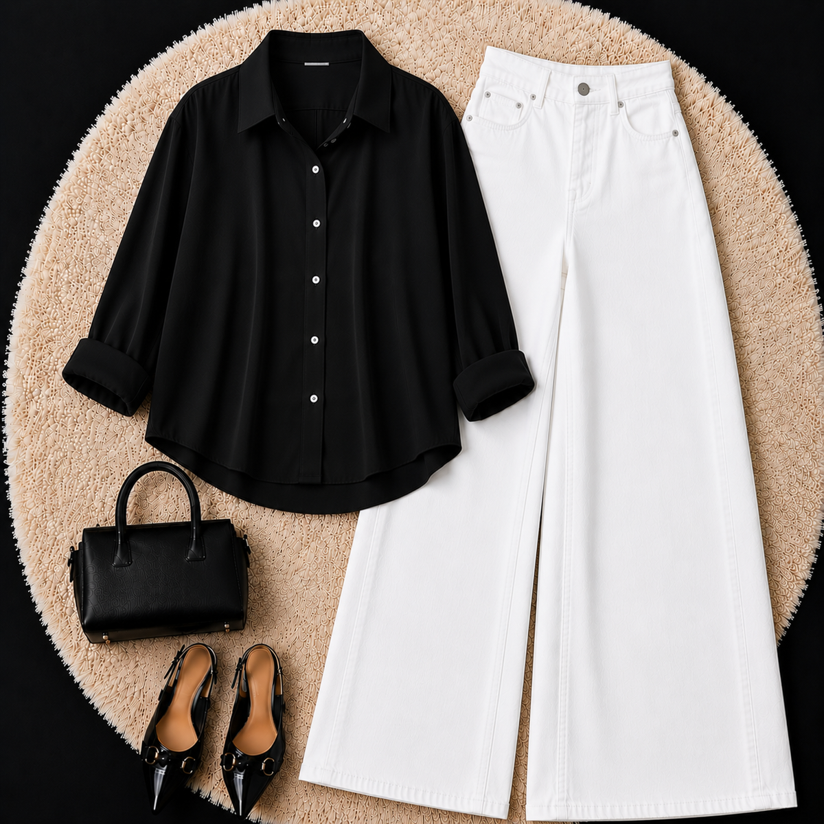BLACK BUTTON DOWN SHIRT WITH WHITE WIDE LEG JEANS