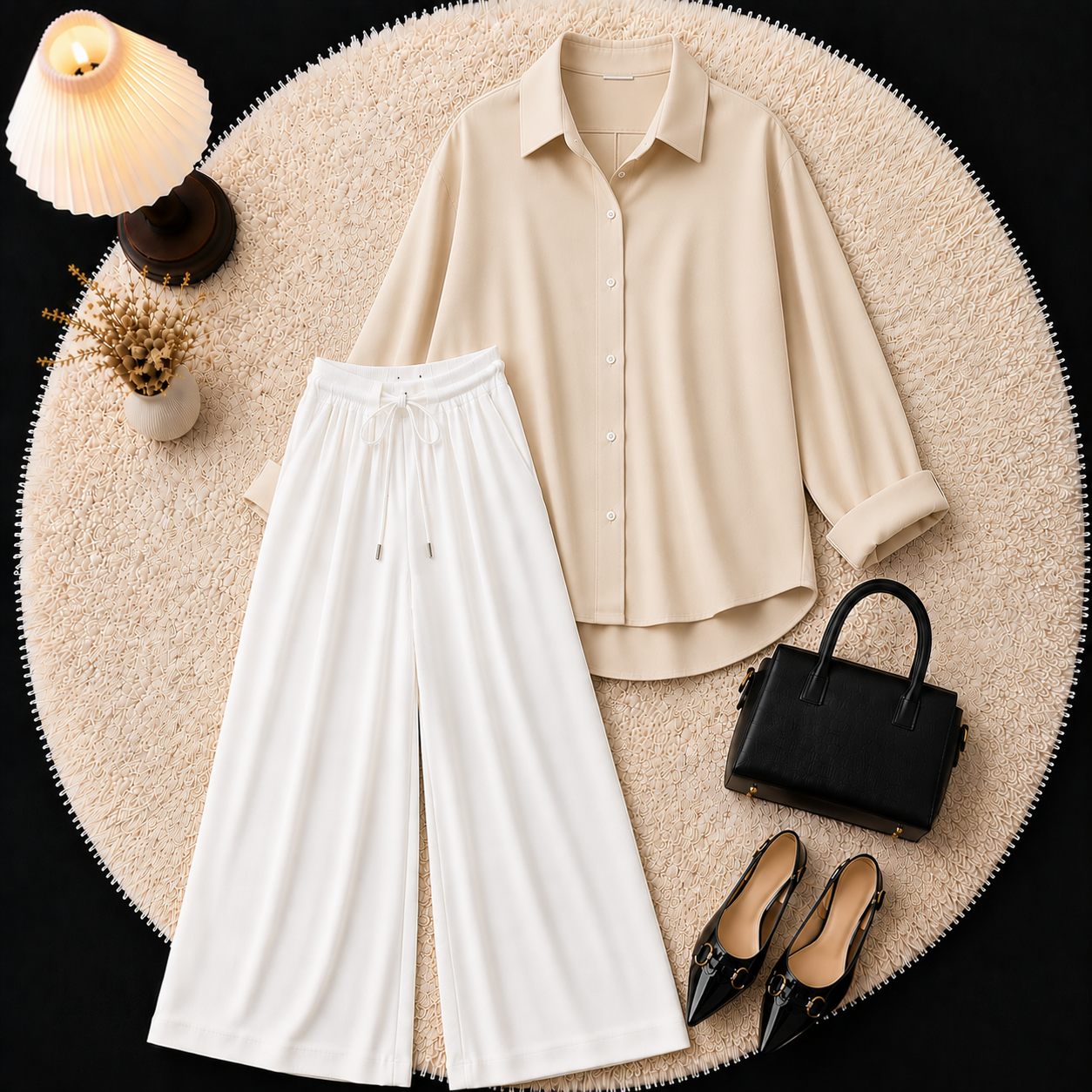 Beige Button Down Shirt With White Flapper Trouser