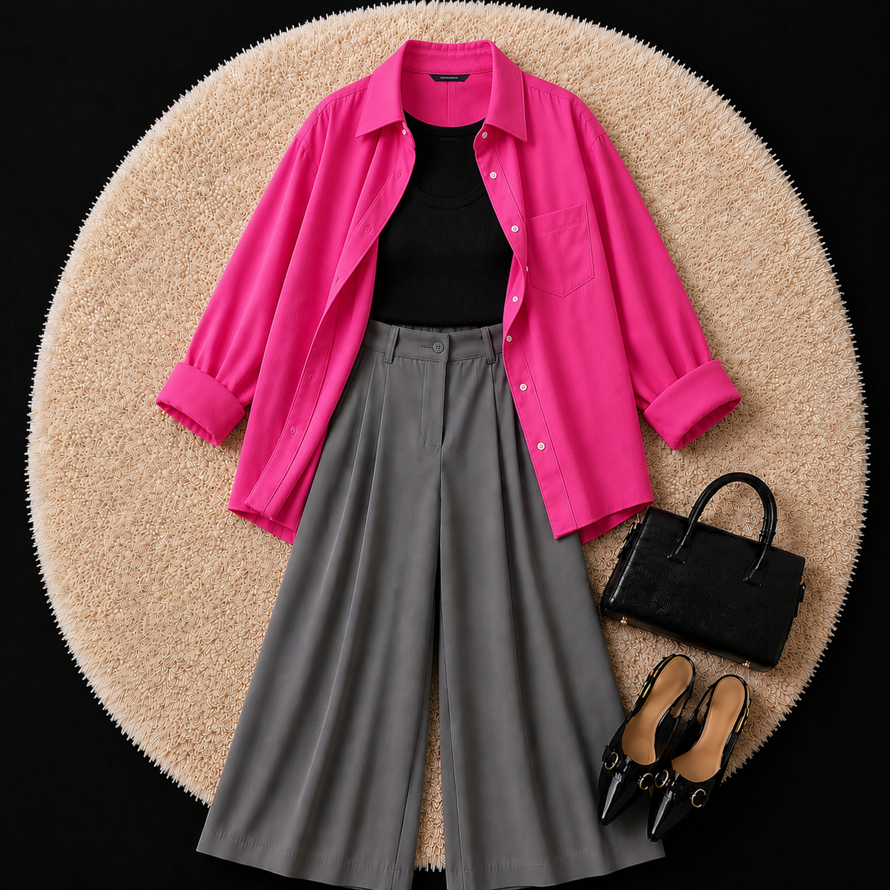 Hot Pink Button Down Shirt With Black Inner And Grey Formal Pant