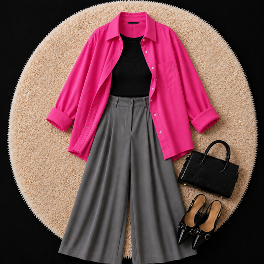 Hot Pink Button Down Shirt With Black Inner And Grey Formal Pant