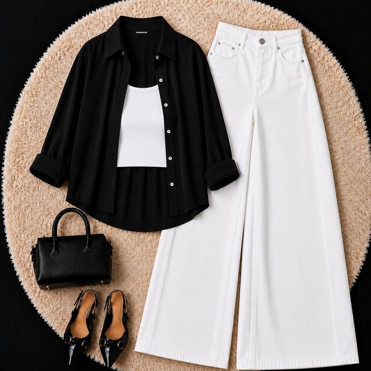 Black Button Down Shirt With White Inner & White Wide Leg Jeans