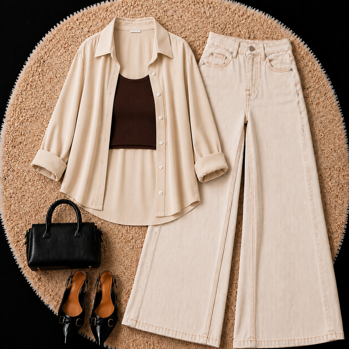 Beige Button Down Shirt With Brown Inner & Beige Wide Leg Jeans