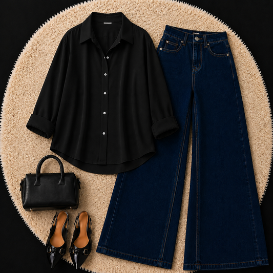 BLACK BUTTON DOWN SHIRT WITH DARK BLUE WIDE LEG JEANS