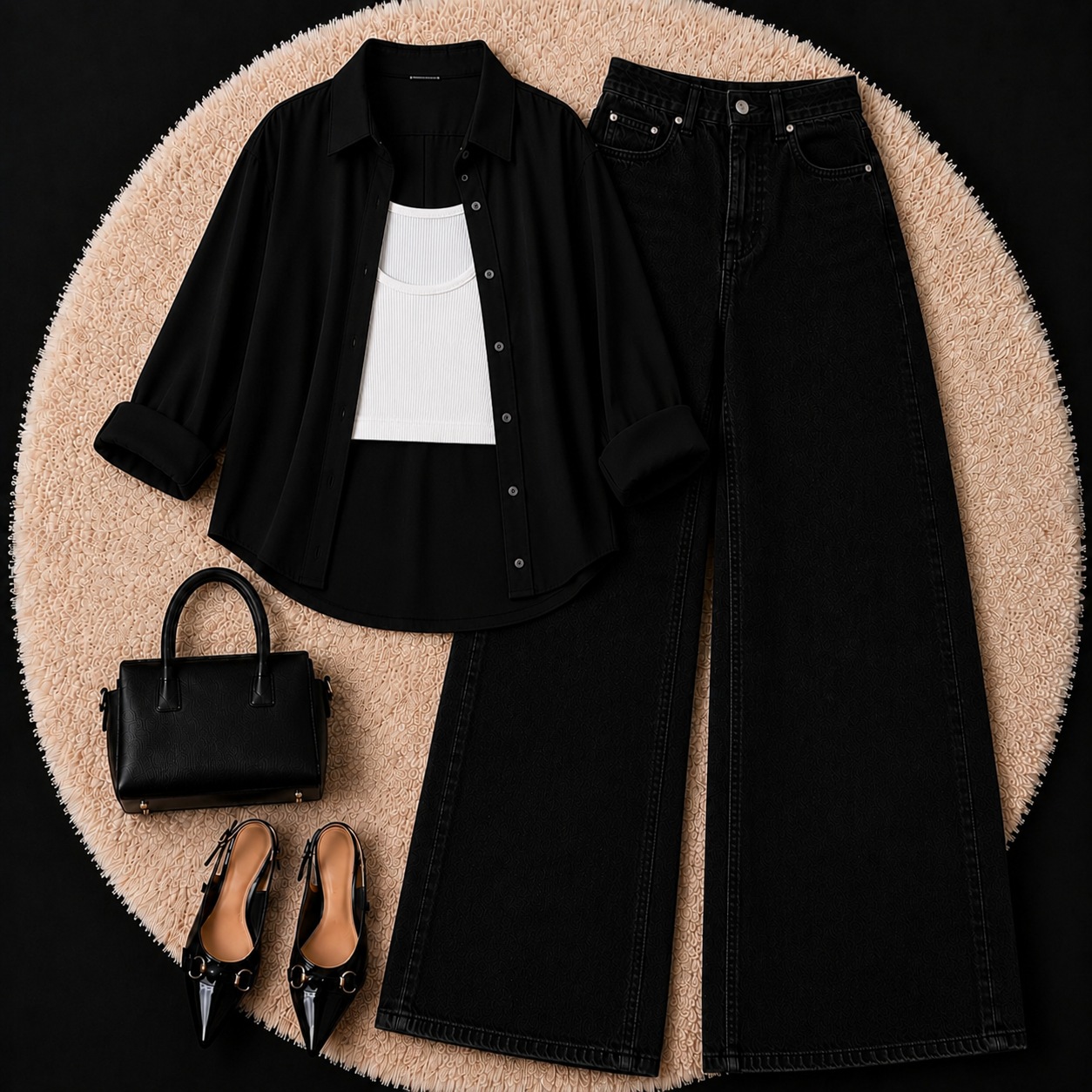 Black Button Down Shirt With White Inner & Black Leg Jeans