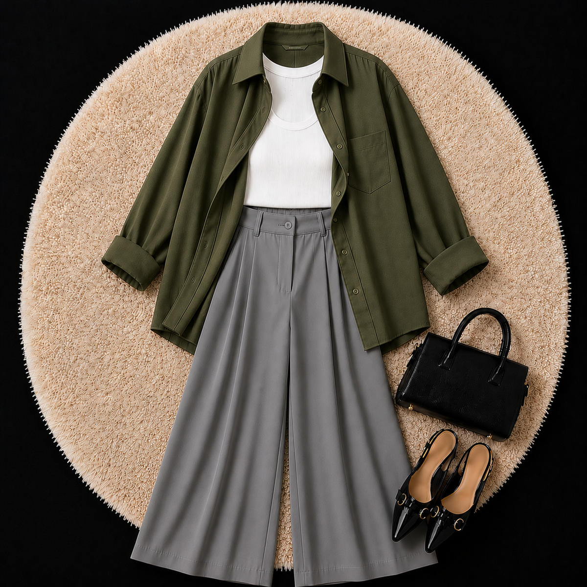 Olive Green Button Down Shirt With White Inner And Grey Formal Pant