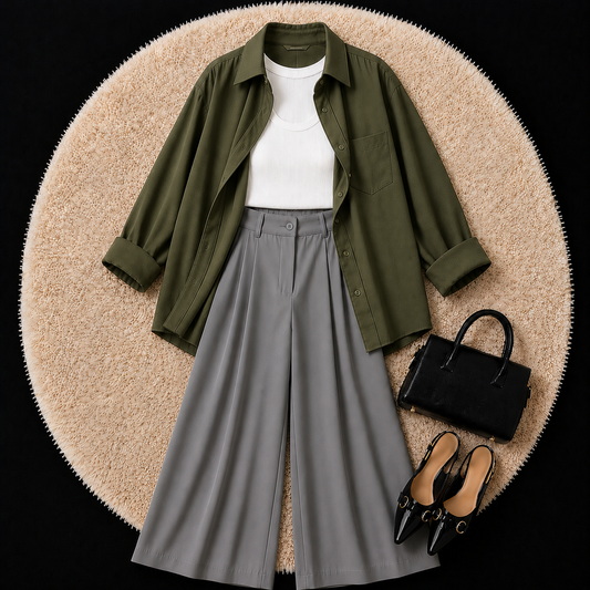 Olive Green Button Down Shirt With White Inner And Grey Formal Pant
