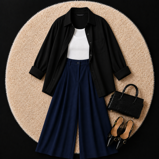 Black Button Down Shirt With White Inner And Navy Blue Formal Pant