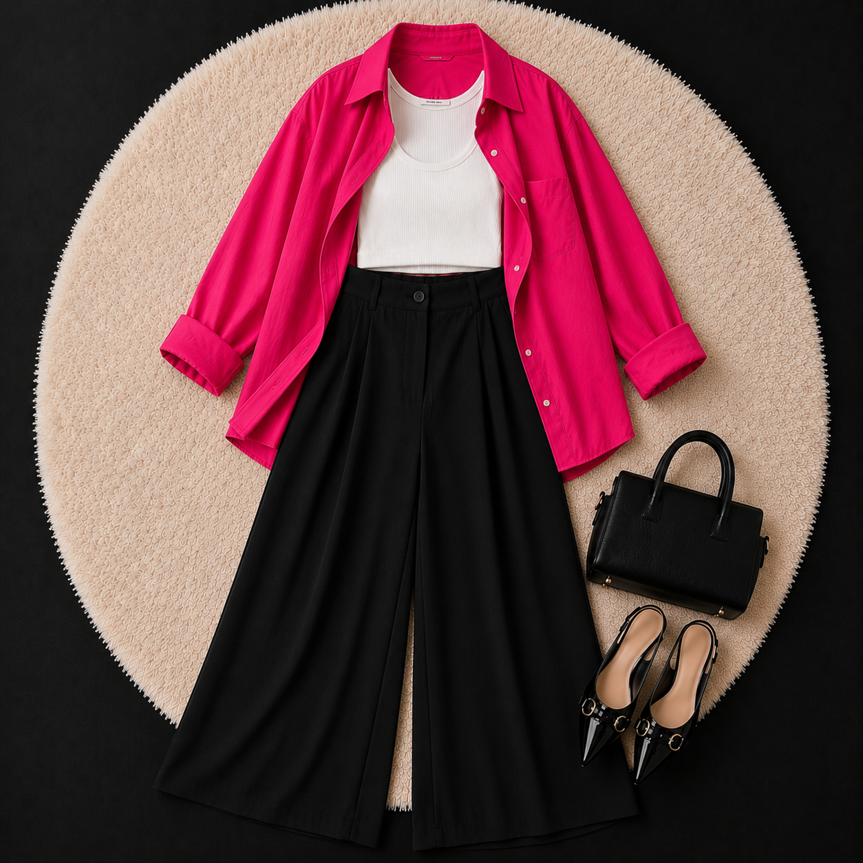 Hot Pink Button Down Shirt With White Inner & Black Formal pant