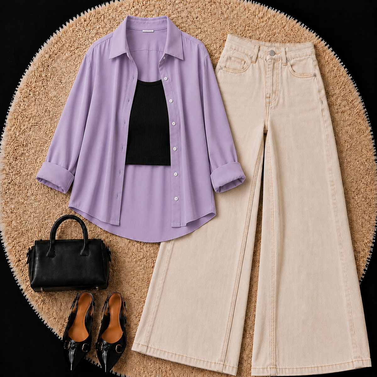 Lilac Button Down Shirt With Black Inner & Beige Wide Leg Jeans