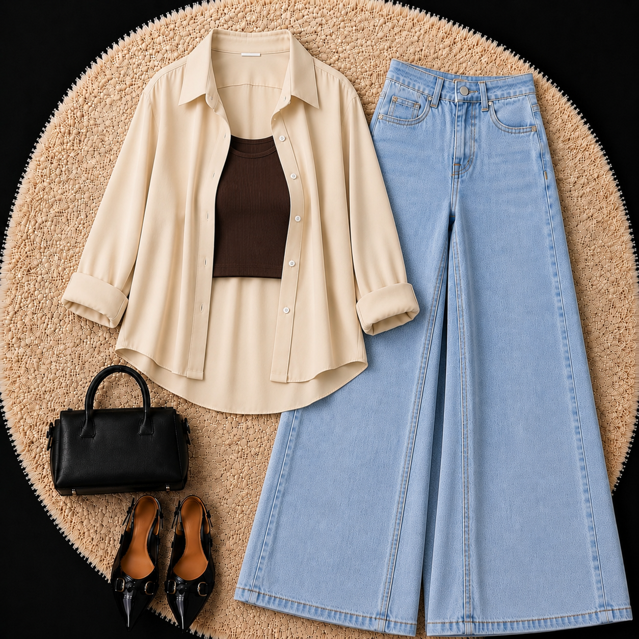 Beige Button Down Shirt With Brown Inner & Sky Blue Wide Leg Jeans