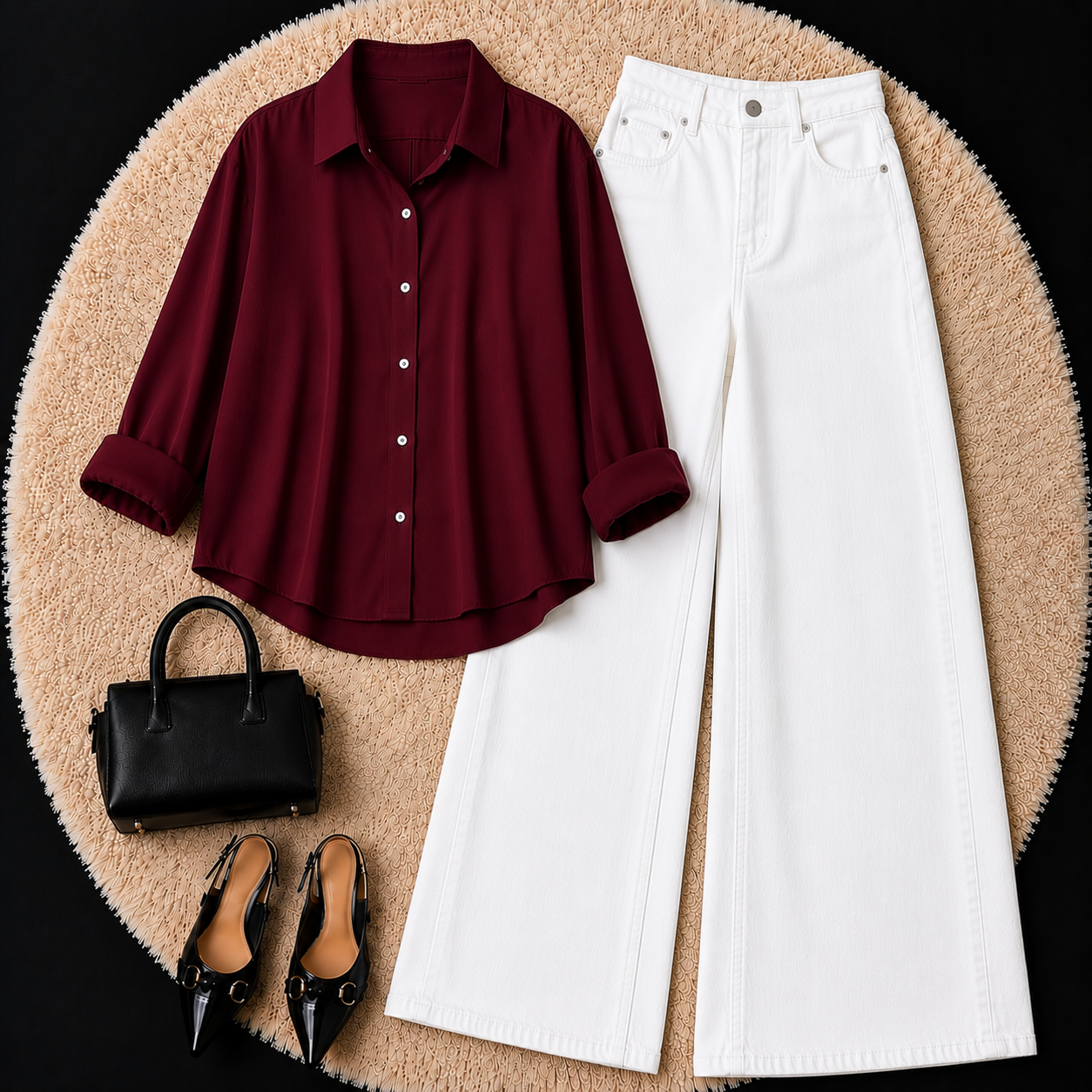 MAROON BUTTON DOWN SHIRT WITH WHITE WIDE LEG JEANS