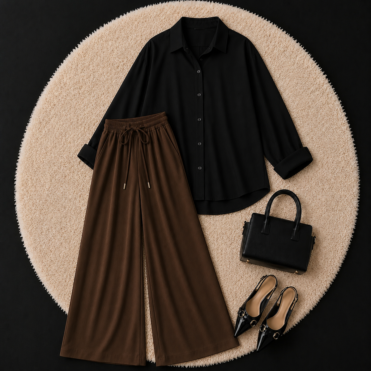 Black Button Down Shirt With Brown Flapper Trouser
