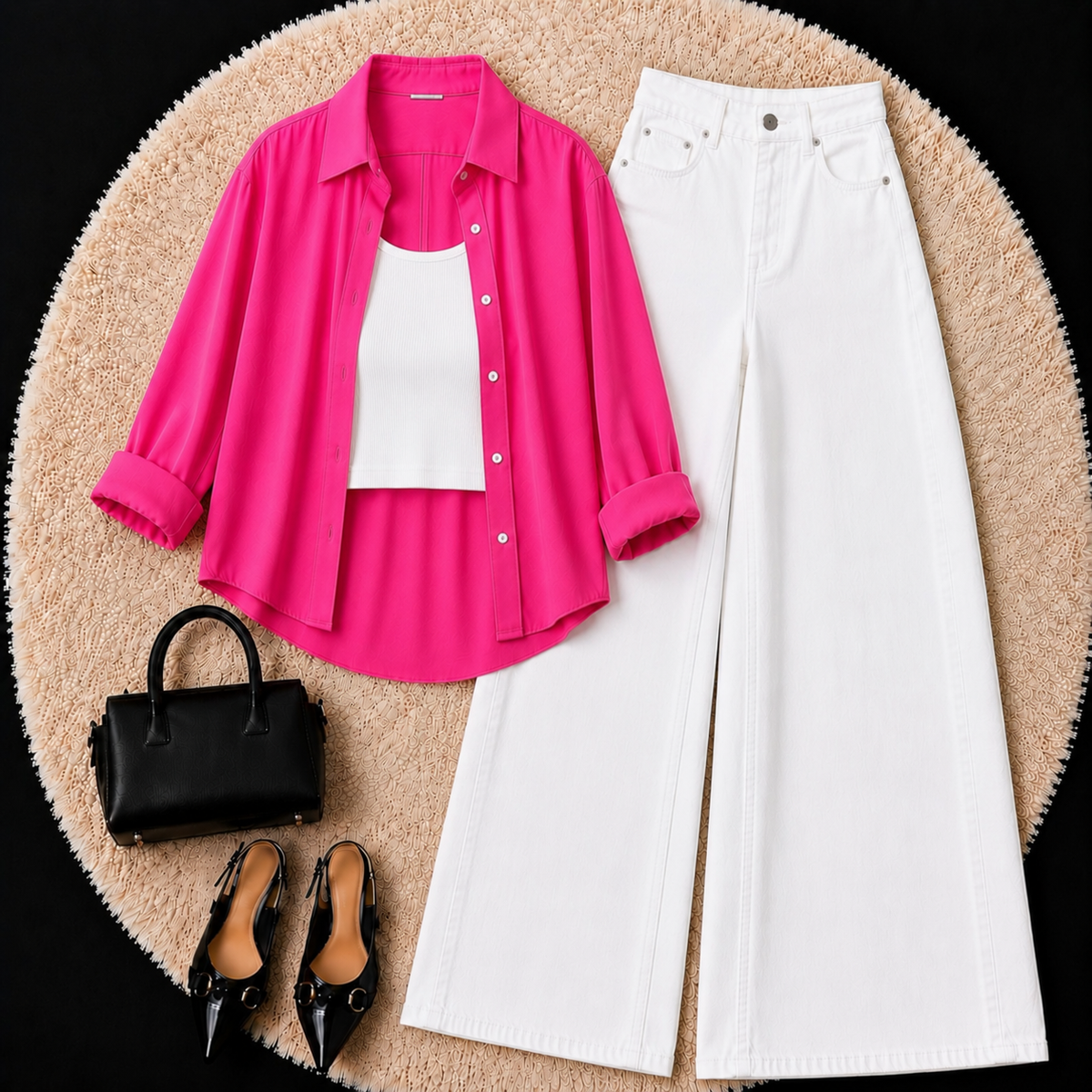 Hot Pink Button Down Shirt With White Inner & White Wide Leg Jeans