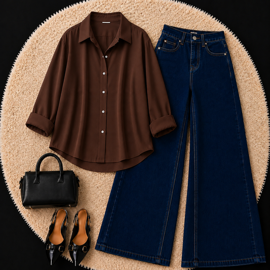 DARK BROWN BUTTON DOWN SHIRT WITH DARK BLUE WIDE LEG JEANS
