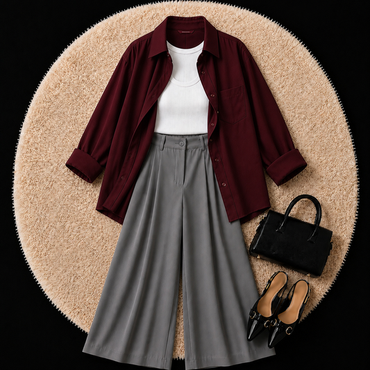 Burgundy Button Down Shirt With White Inner And Grey Formal Pant