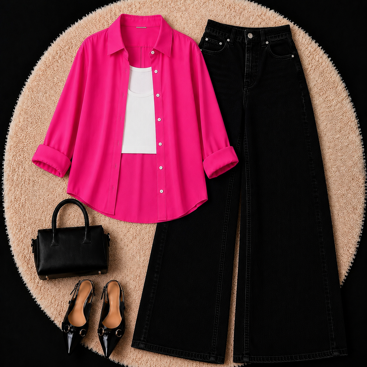 Hot Pink Button Down Shirt With White Inner & Black Leg Jeans