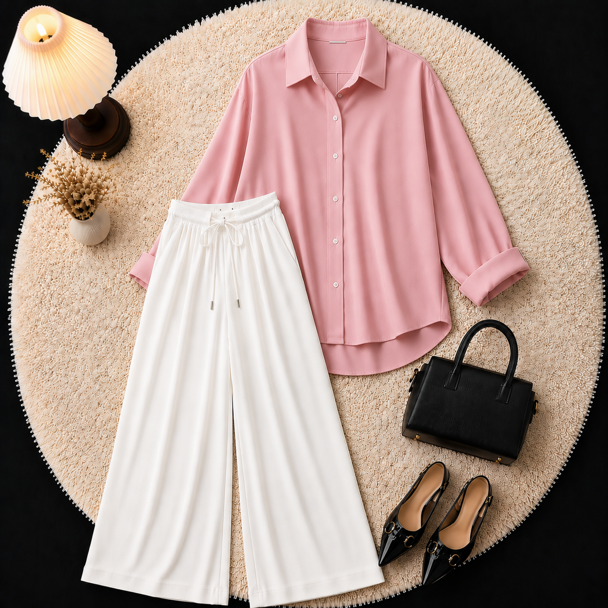 Baby Pink Button Down Shirt With White Flapper Trouser
