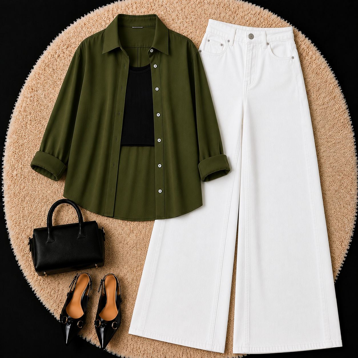 Olive Green Button Down Shirt With Black Inner & White Wide Leg Jeans