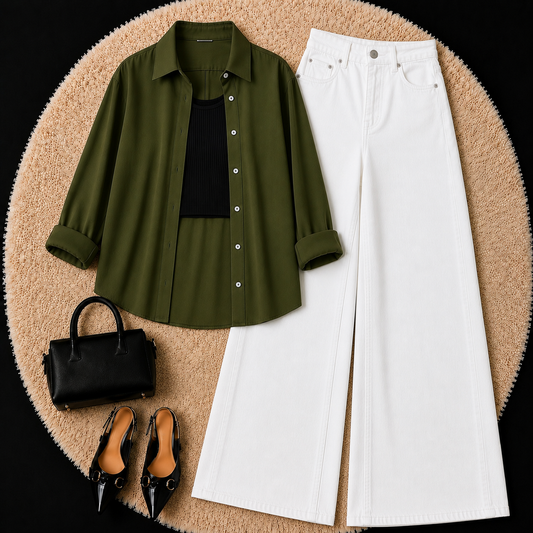 Olive Green Button Down Shirt With Black Inner & White Wide Leg Jeans