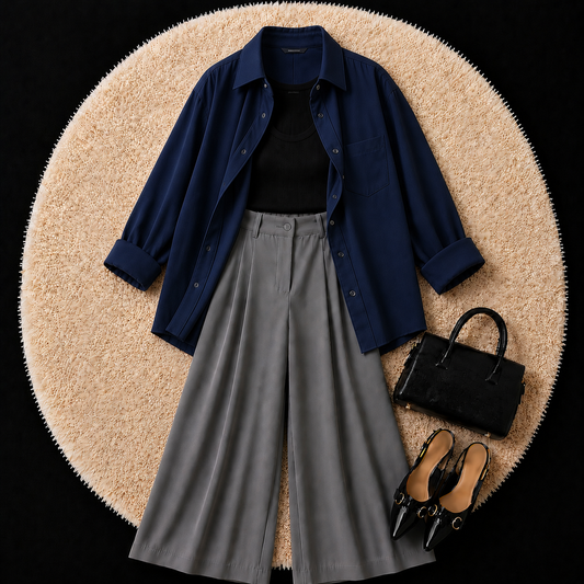 Navy Blue Button Down Shirt With Black Inner & Grey Formal pant