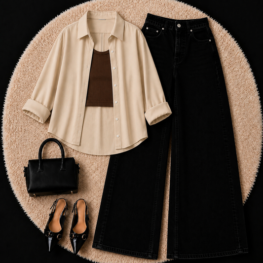 Beige Button Down Shirt With Brown Inner & Black Leg Jeans
